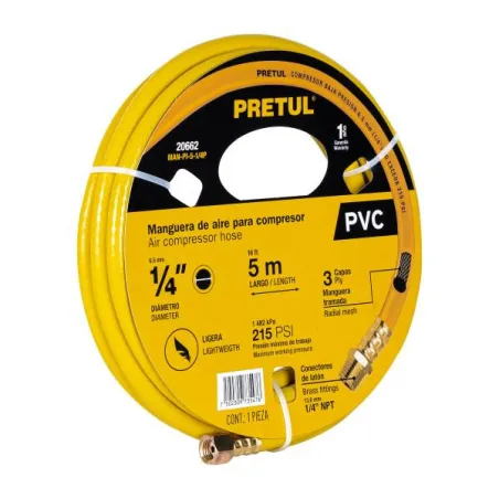  Mangueras para Compresor 1/4" x5m PVC Pretul 20662 12.033898 Mangueras para Compresor 1/4" x5m PVC Pretul 20662

Presión máxima