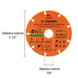  Discos de Corte carburo de Tungsteno 4-1/2" x1.2mm MultiMaterial D7/8, Truper 12134 16.949153 Discos de Corte carburo de Tungst
