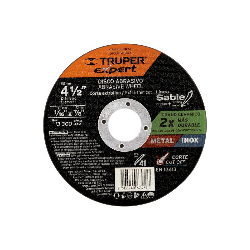 Discos de Corte Metal 4-1/2" x1.6mm OAluminio Inox D7/8 T41, Truper 11974 2.711864 Discos de Corte Metal 4-1/2" x1.6mm OAlumini Discos de Corte Metal 4-1/2" x1.6mm OAluminio Inox D7/8 T41, Truper 11974 2.711864 Discos de Corte Metal 4-1/2" x1.6mm OAlumini