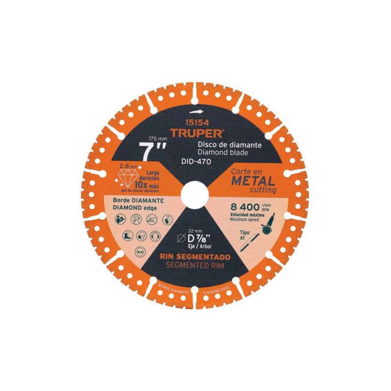  Discos de diamantes 7" x2.8mm para corte metal E7/8 Truper 15156 63.559322 Discos de diamantes 7" x2.8mm para corte metal E7/8 