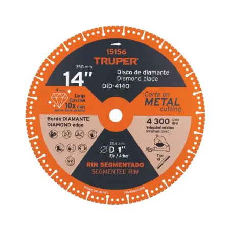  Discos de diamantes 14" x4mm para corte metal E1 Truper 15156 316.101695 Discos de diamantes 14" x4mm para corte metal E1 Trupe