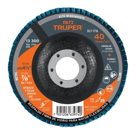  Discos Flap Discs Laminado 4 1/2" G40 Lija de Zirconia, DLT-1716 11673 Truper 7.966102 Discos Flap Discs Laminado 4 1/2" G40 Li