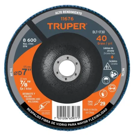  Discos Flap Discs Laminado 7" G40 Lija de Zirconia, DLT-1730 11676 Truper 17.79661 Discos Flap Discs Laminado 7" G40 Lija de Zi