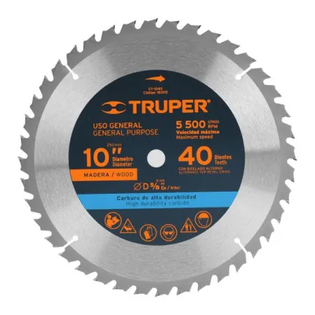  Discos Sierra para Madera 10" Centro 5/8", 40 Dientes de carburo de tungsteno, ST-1040 18305 Truper 34.745763 Discos Sierra par