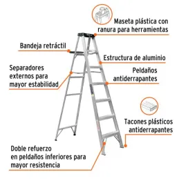  Escaleras Tijera 6 Peldaños con Bandeja T3 Max3.4m P6.4kg EAluminio, Truper 10437 214.40678 Escaleras Tijera 6 Peldaños con Ban