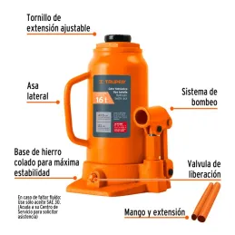  Gata de Botella 16 Toneladas, Con Tornillo de Extension, Altura Max 475 mm, GAT-16 14820 Truper 144.915254 Gata de Botella 16 T