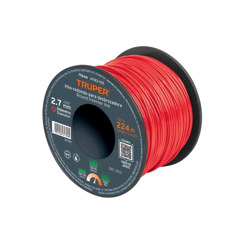 Hilo Redondo para desbrozadora 2.7mm x224M Carrete, HTR3-105 17644 Truper 49.152542 Hilo Redondo para desbrozadora 2.7mm x224M