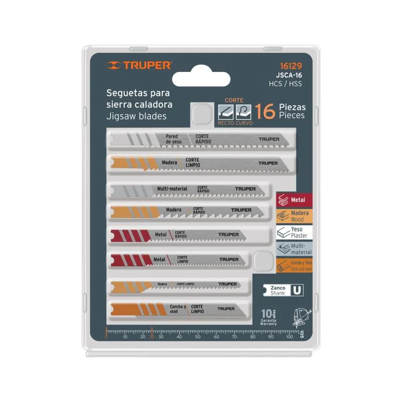 Juego de 16 Seguetas, Zanco U, para cortes en metales plastico y aluminio, JSCA-16 16129 Truper - Truper 1 Juego de 16 Seguetas, Zanco U, para cortes en metales plastico y aluminio, JSCA-16 16129 Truper - Truper 1