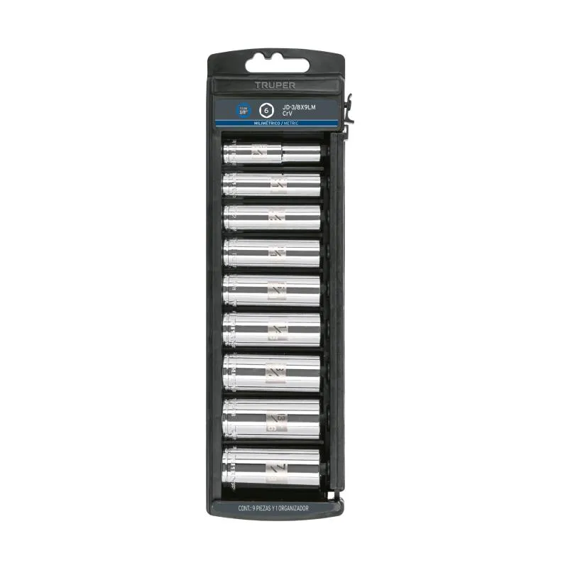 Juego de dados 9 Piezas tubulares Milimetrico 10 mm a 19 mm, encastre 3/8", estuche de Plastico, JD-3/8X9LM 14173 Truper - 1 Juego de dados 9 Piezas tubulares Milimetrico 10 mm a 19 mm, encastre 3/8", estuche de Plastico, JD-3/8X9LM 14173 Truper - 1