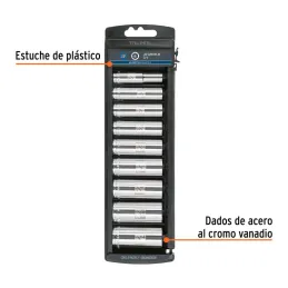 Juego de dados 9 Piezas tubulares Milimetrico 10 mm a 19 mm, encastre 3/8", estuche de Plastico, JD-3/8X9LM 14173 Truper - 2