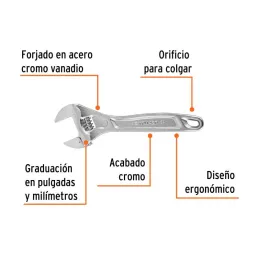 Llave Francesa 8" A1-1/8" Profesionales CrVanadio Cromadas Truper 15506 - Truper 2
