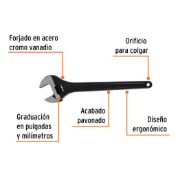 Llave Francesa 18" A2-1/4" Profesionales CrVanadio Fosfatadas Truper 15498 - Truper 2