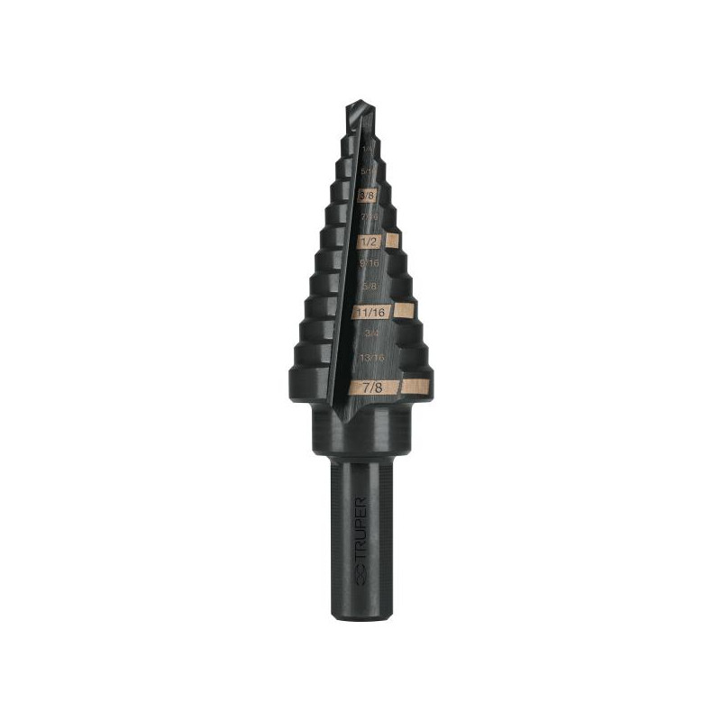 Brocas Escalonada HSS 12 Escalones 3/16"-7/8" x80mm, Truper 12125 39.830508 Broca Escalonada Oxido Negro HSS 12 Escalones 3/16" Brocas Escalonada HSS 12 Escalones 3/16"-7/8" x80mm, Truper 12125 39.830508 Broca Escalonada Oxido Negro HSS 12 Escalones 3/16"